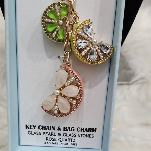 🔹Piper K🔹️ Rose Quartz  Lime Lemon Key Chain & Bag Charm Glass Pearl  Stones - Picture 4 of 6